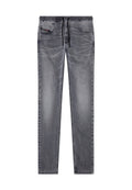 Graue Denim-Jogginghosen mit elastischem Bund und verstellbarem Kordelzug. Mit Standard-Seitentaschen und Rückentaschen, glatt texturiert.