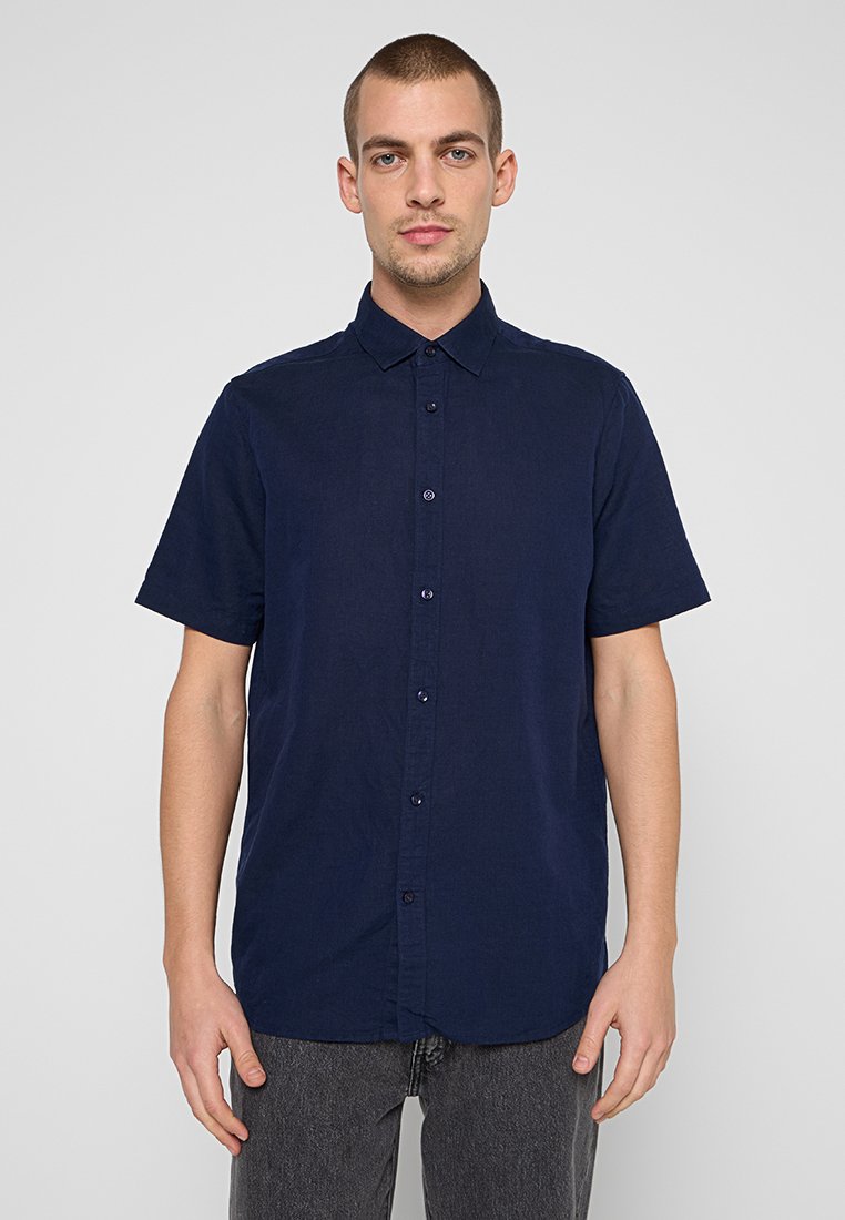 Marineblaue Kurzarm-Hemd mit Knopfleiste, Kragen-Design, glatter Textur und kontrastierenden Knöpfen. Verfügt über eine lockere Passform.