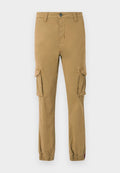 Khaki Cargo-Hosen mit zwei Seitentaschen, einem Knopfverschluss, einer schmalen Fußweite und einer glatten Baumwollstoffstruktur.
