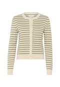 Hellgrüner und cremefarbener gestreifter Cardigan mit rundem Halsausschnitt, langen Ärmeln und Knopfverschluss. Weiches Strickmaterial mit geripptem Saum.