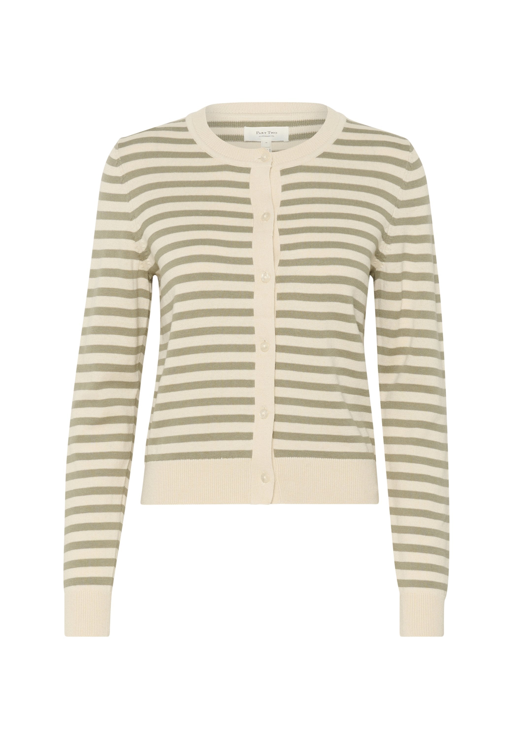 Hellgrüner und cremefarbener gestreifter Cardigan mit rundem Halsausschnitt, langen Ärmeln und Knopfverschluss. Weiches Strickmaterial mit geripptem Saum.