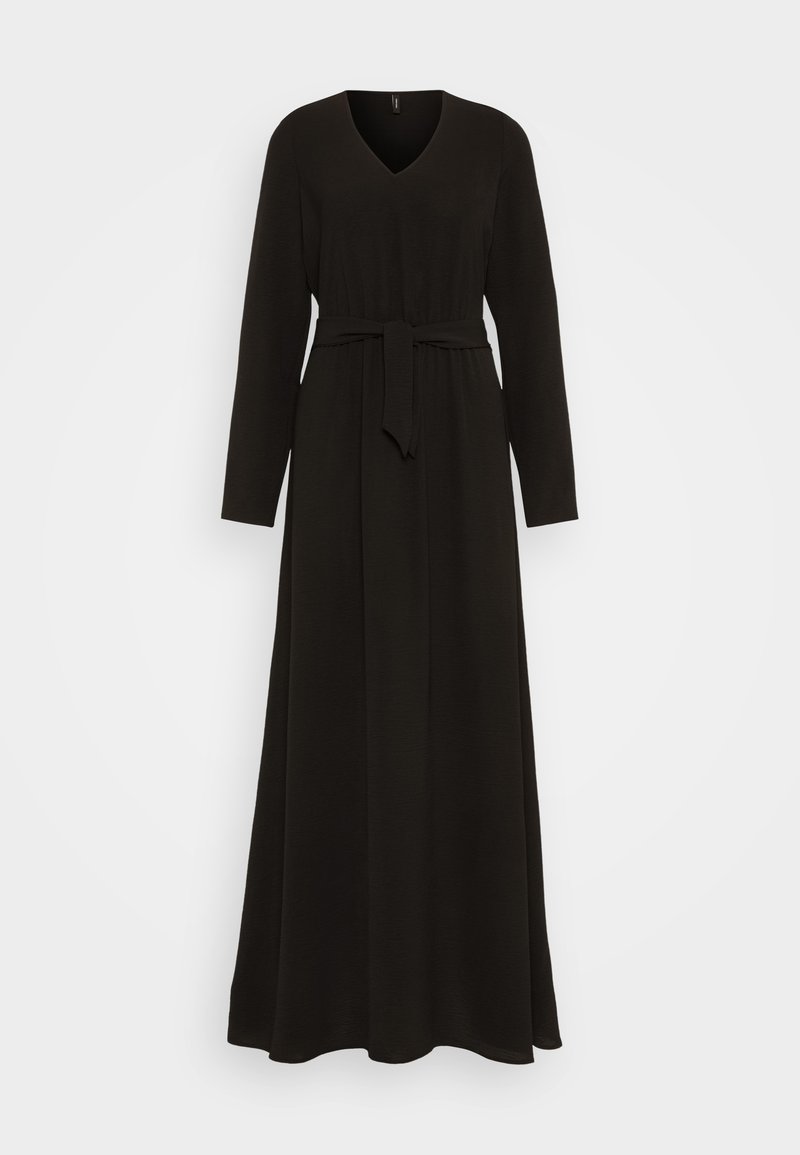 Schwarzes, langärmeliges Maxikleid mit V-Ausschnitt, tailliertem Schnitt und Stoffgürtel; zeichnet sich durch die fließende Silhouette und das strukturierte Material aus.