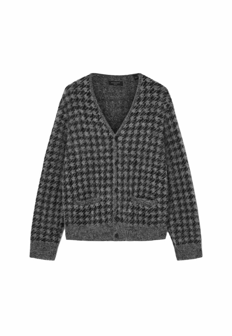 Grau-karierte Strickjacke mit V-Ausschnitt, langen Ärmeln und vorderen Taschen. Aus weichem, strukturiertem Stoff gefertigt mit Knopfverschluss.