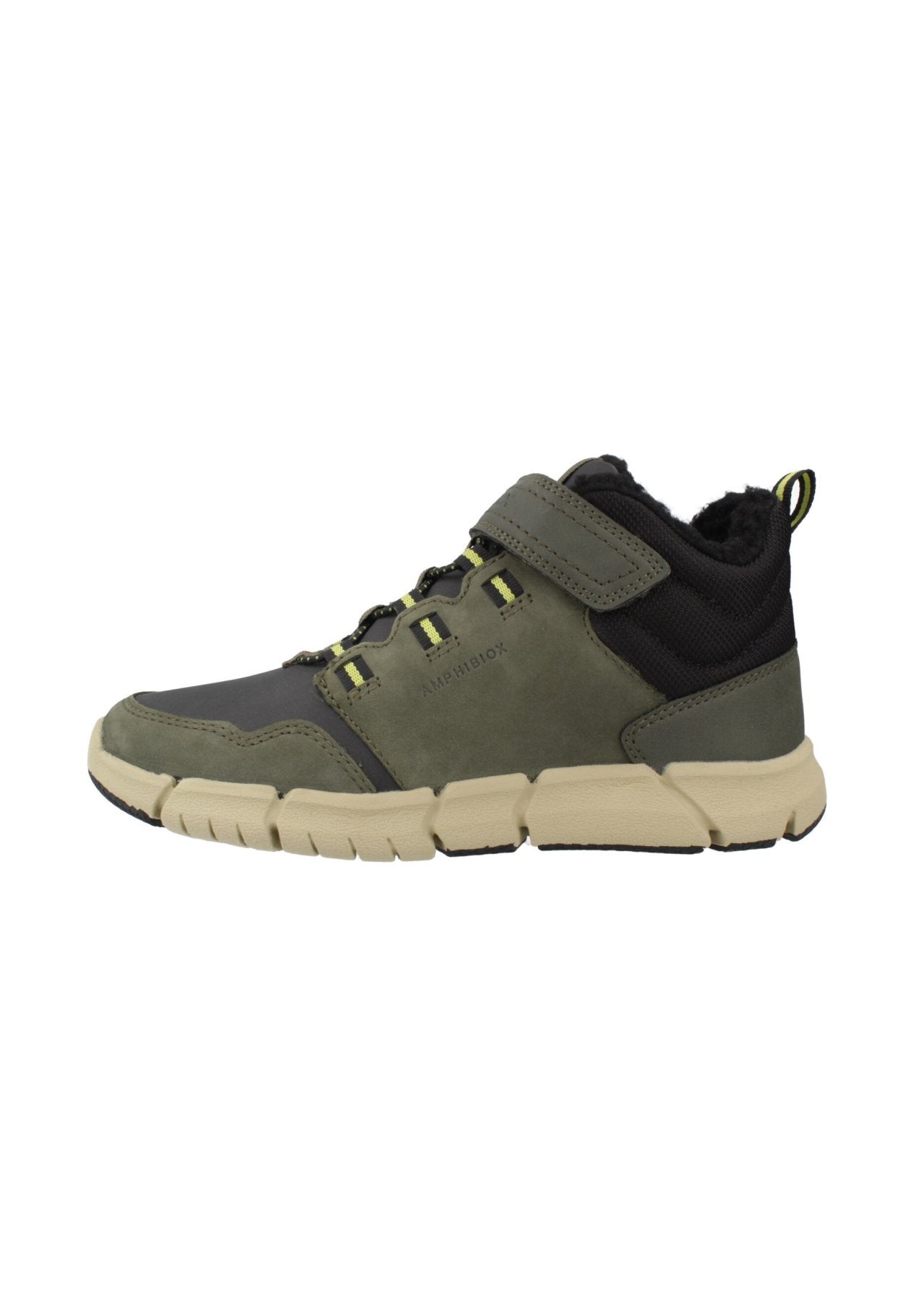 Kindersneaker in Olivgrün und Schwarz mit beiger Sohle, Klettverschluss, Schnürdetails und Fleecefutter.