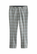 Grau karierte Hose aus einem glatten Stoff. Mit Knopfverschluss, Gürtelschlaufen und zwei Seitentaschen. Gerade Fußform.