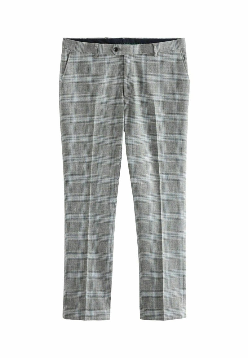 Grau karierte Hose aus einem glatten Stoff. Mit Knopfverschluss, Gürtelschlaufen und zwei Seitentaschen. Gerade Fußform.