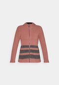 Fleecejacke in staubrosa mit einem grauen gestreiften Mittelteil, Frontreißverschluss und zwei Seitentaschen. Verfügt über eine Kapuze und lange Ärmel.