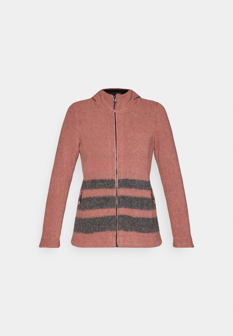 Fleecejacke in staubrosa mit einem grauen gestreiften Mittelteil, Frontreißverschluss und zwei Seitentaschen. Verfügt über eine Kapuze und lange Ärmel.