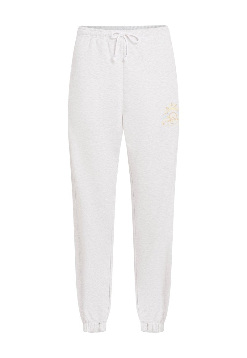 Hellegraue Sweatpants mit elastischem Taillenbund und verstellbarem Kordelzug. Rippstrickbündchen an den Knöcheln. Mit einem goldenen Sonnenmotiv.