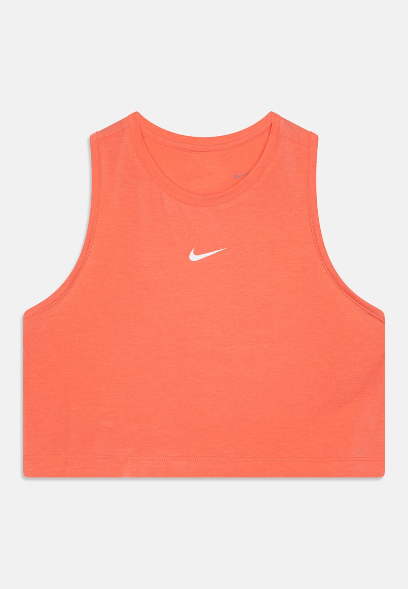 Helles korallenfarbenes ärmelloses Crop-Top aus leichtem Stoff. Verfügt über einen runden Ausschnitt und ein kleines weißes Nike-Logo auf der Vorderseite.