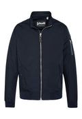 Marineblau bomberjacke mit Reißverschluss vorne, hohem Kragen, Seitentaschen und einer mit Reißverschluss versehenen Tasche am Ärmel. Aus glattem Stoff mit gerippten Bündchen.