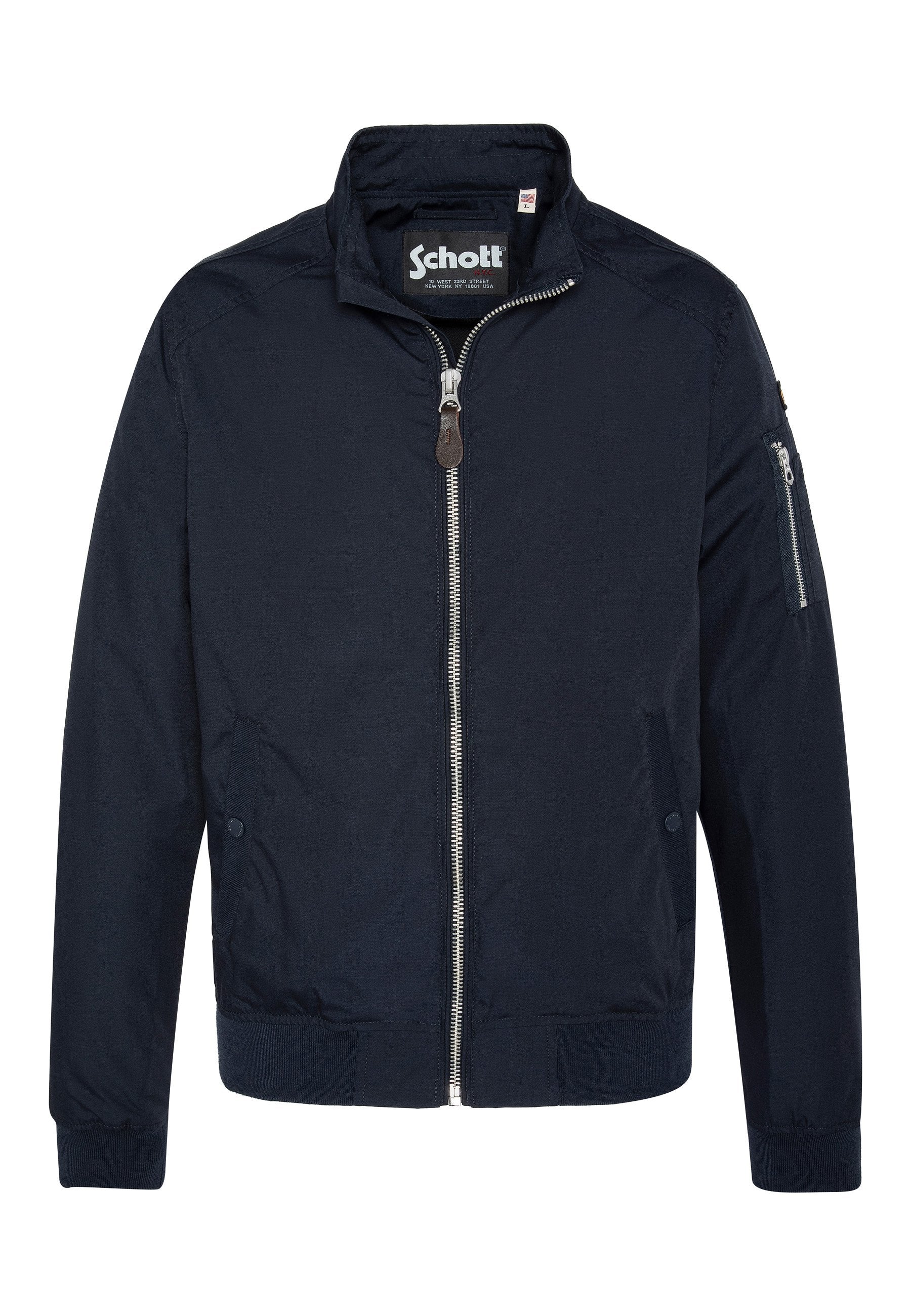 Marineblau bomberjacke mit Reißverschluss vorne, hohem Kragen, Seitentaschen und einer mit Reißverschluss versehenen Tasche am Ärmel. Aus glattem Stoff mit gerippten Bündchen.