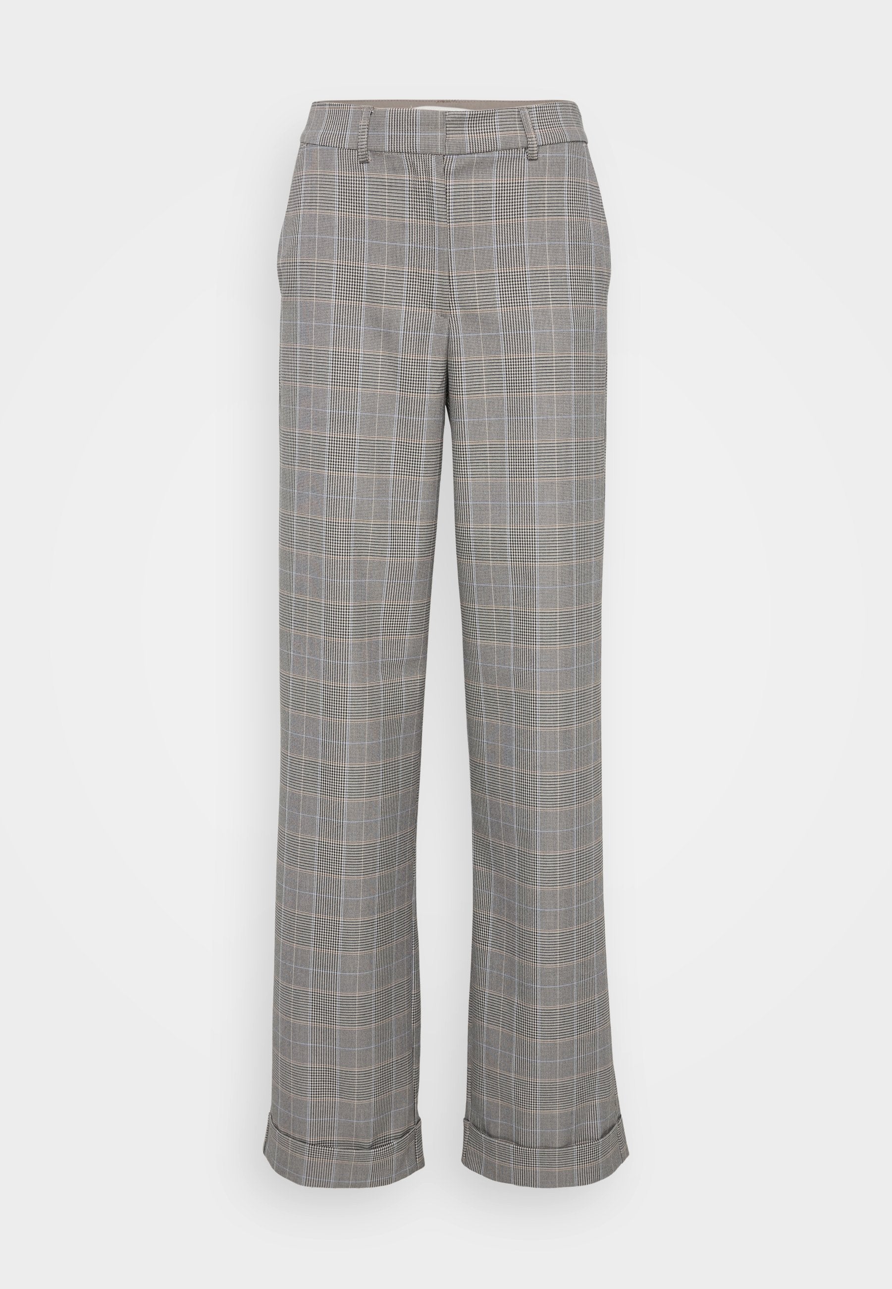 Grau karierte Hose mit lässiger Passform, weitem Bein, dezenten blauen Akzenten und umgeschlagenem Saum. Hergestellt aus einem strukturierten Stoff.