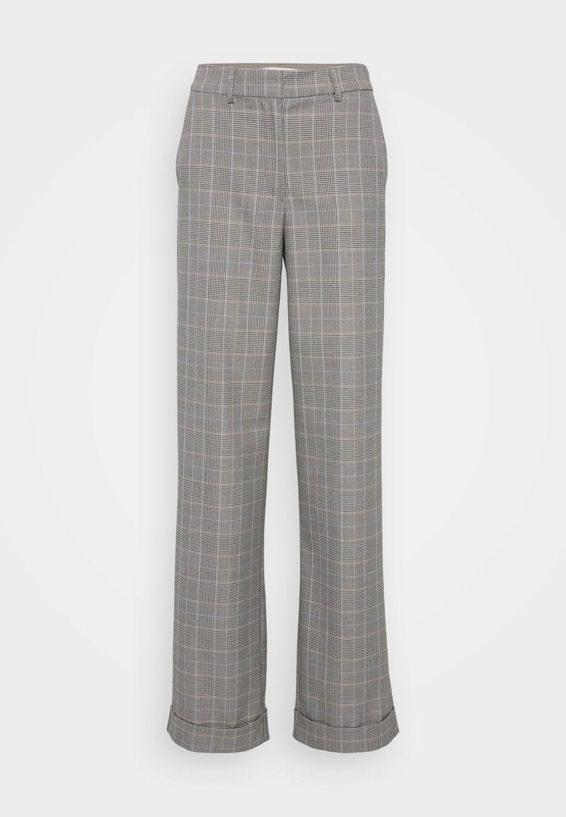Grau karierte Hose mit lässiger Passform, weitem Bein, dezenten blauen Akzenten und umgeschlagenem Saum. Hergestellt aus einem strukturierten Stoff.