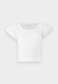 Weißes kurzärmliges Crop-Top mit gepufften Schultern und rundem Halsausschnitt, aus Rippstoff, von GAP in Größe M.