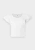 Weißes kurzärmliges Crop-Top mit gepufften Schultern und rundem Halsausschnitt, aus Rippstoff, von GAP in Größe M.