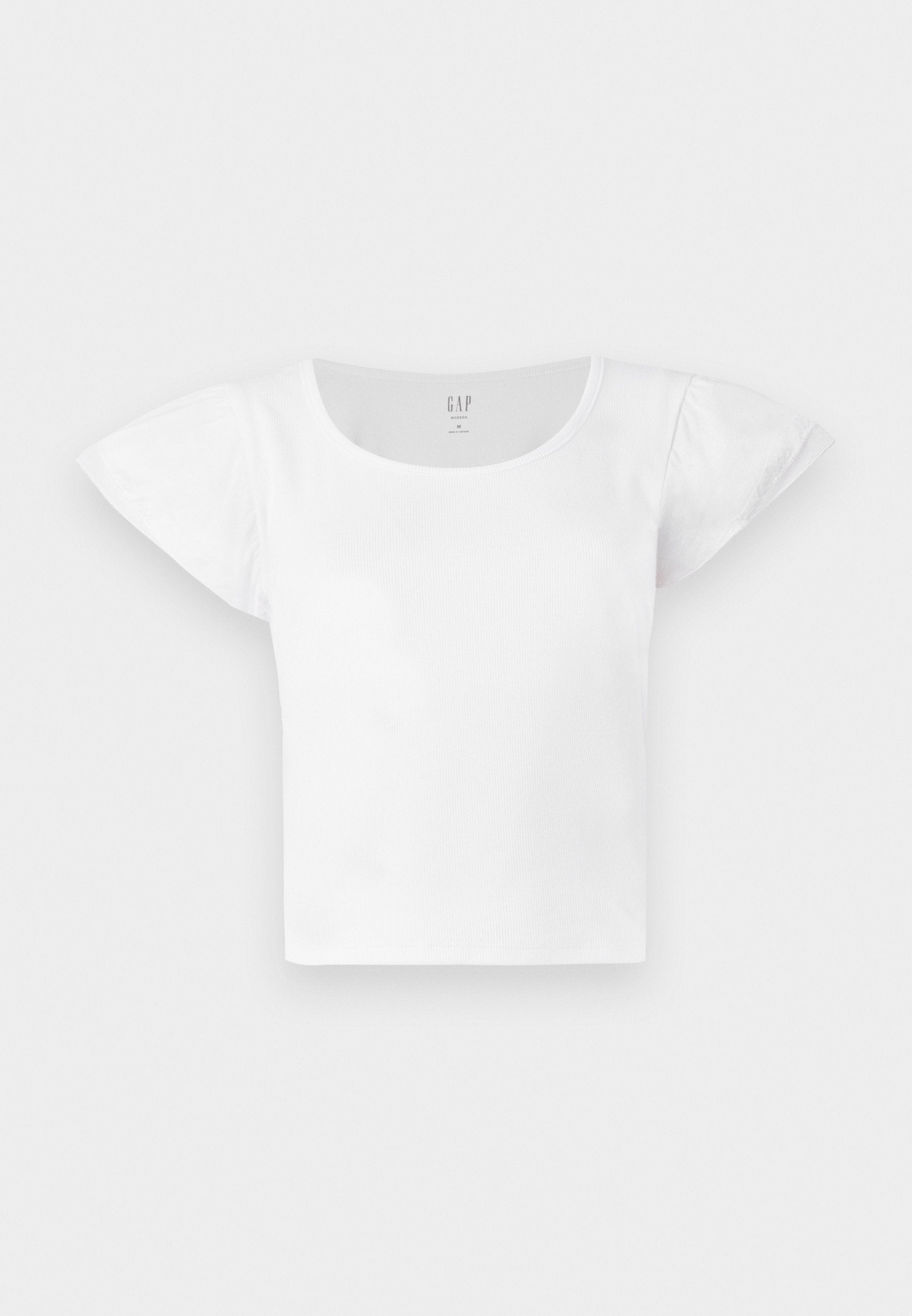 Weißes kurzärmliges Crop-Top mit gepufften Schultern und rundem Halsausschnitt, aus Rippstoff, von GAP in Größe M.