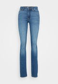 Blaue Denim-Jeans mit einem Schlagbein-Design, mit einem mittelhohen Bund, einem Reißverschluss und dezenten Verblassungen im Stoff.