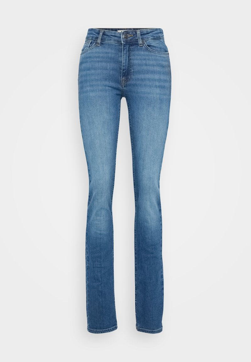 Blaue Denim-Jeans mit einem Schlagbein-Design, mit einem mittelhohen Bund, einem Reißverschluss und dezenten Verblassungen im Stoff.