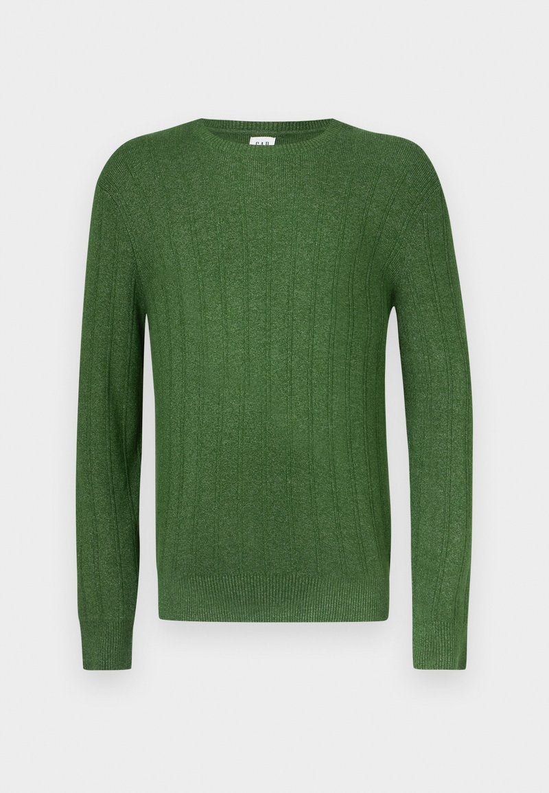 Grüner, gerippter Pullover aus strukturiertem Stoff, mit rundem Ausschnitt und langen Ärmeln mit enganliegenden Bündchen.