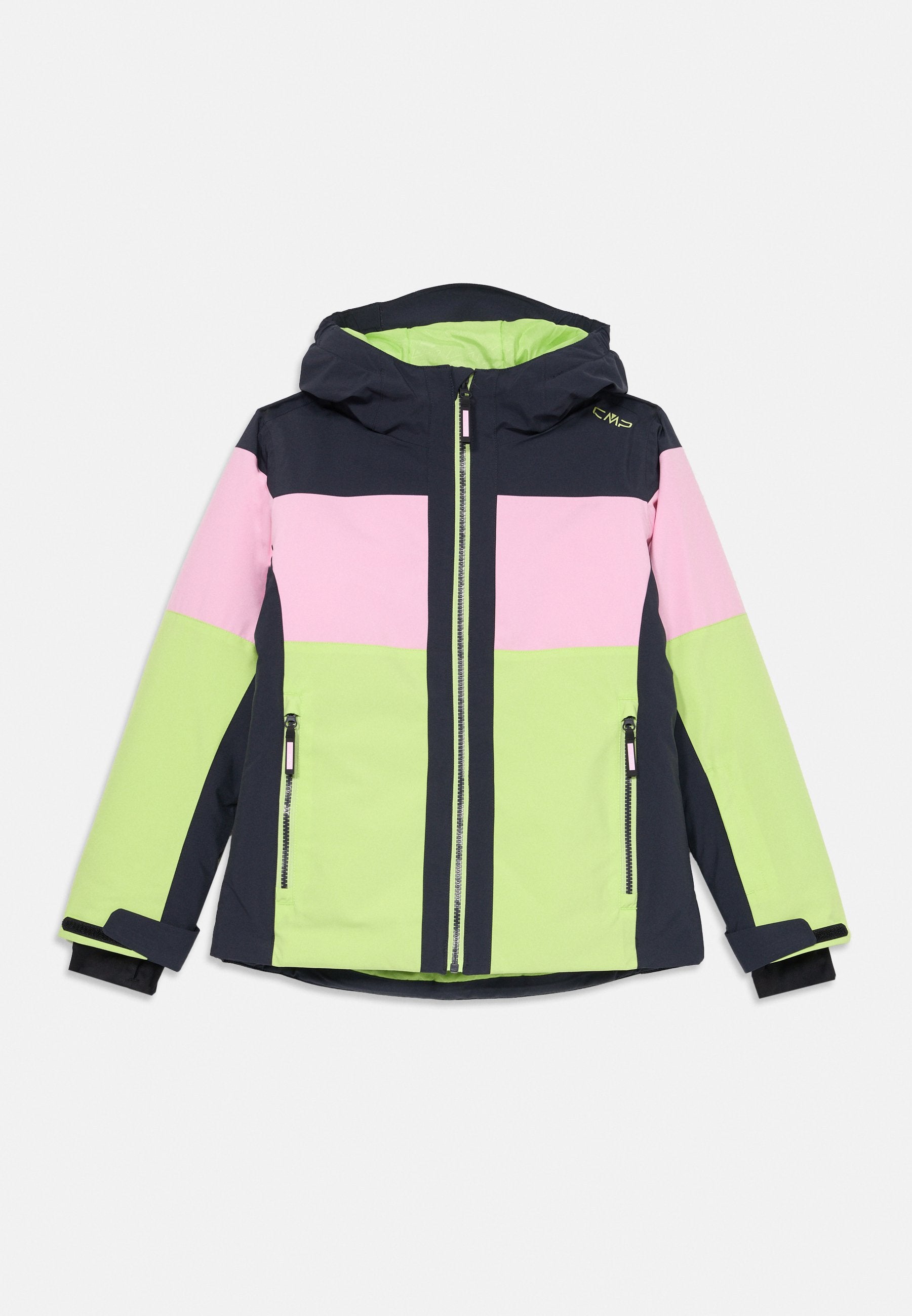 Mehrfarbige Kinderjacke mit Kapuze, die dunkelblaue, pinke und limonengrüne Einsätze aufweist, mit Reißverschlusstaschen und einer strapazierfähigen Stoffstruktur.