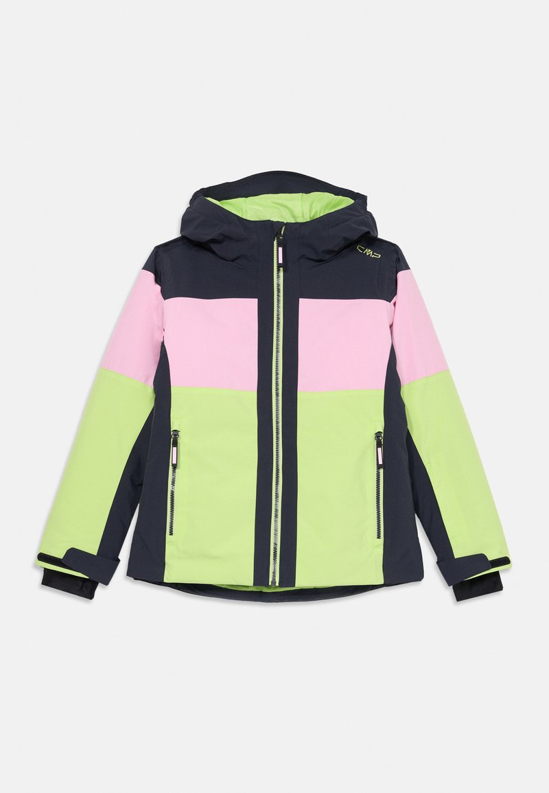 Mehrfarbige Kinderjacke mit Kapuze, die dunkelblaue, pinke und limonengrüne Einsätze aufweist, mit Reißverschlusstaschen und einer strapazierfähigen Stoffstruktur.
