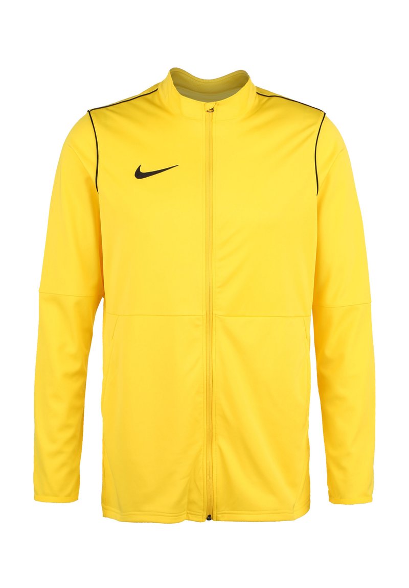 Gelbe Nike Trainingsjacke, mit durchgehendem Reißverschluss, Stehkragen, schwarze Akzente an den Schultern, leichtes Material, keine sichtbaren Logos außer auf der Brust.