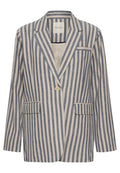 Gestreifter Blazer aus cremefarbener und marineblauer Stoff, mit einer Einzelknopfverschluss, Reverskragen und zwei vorderen Taschen.