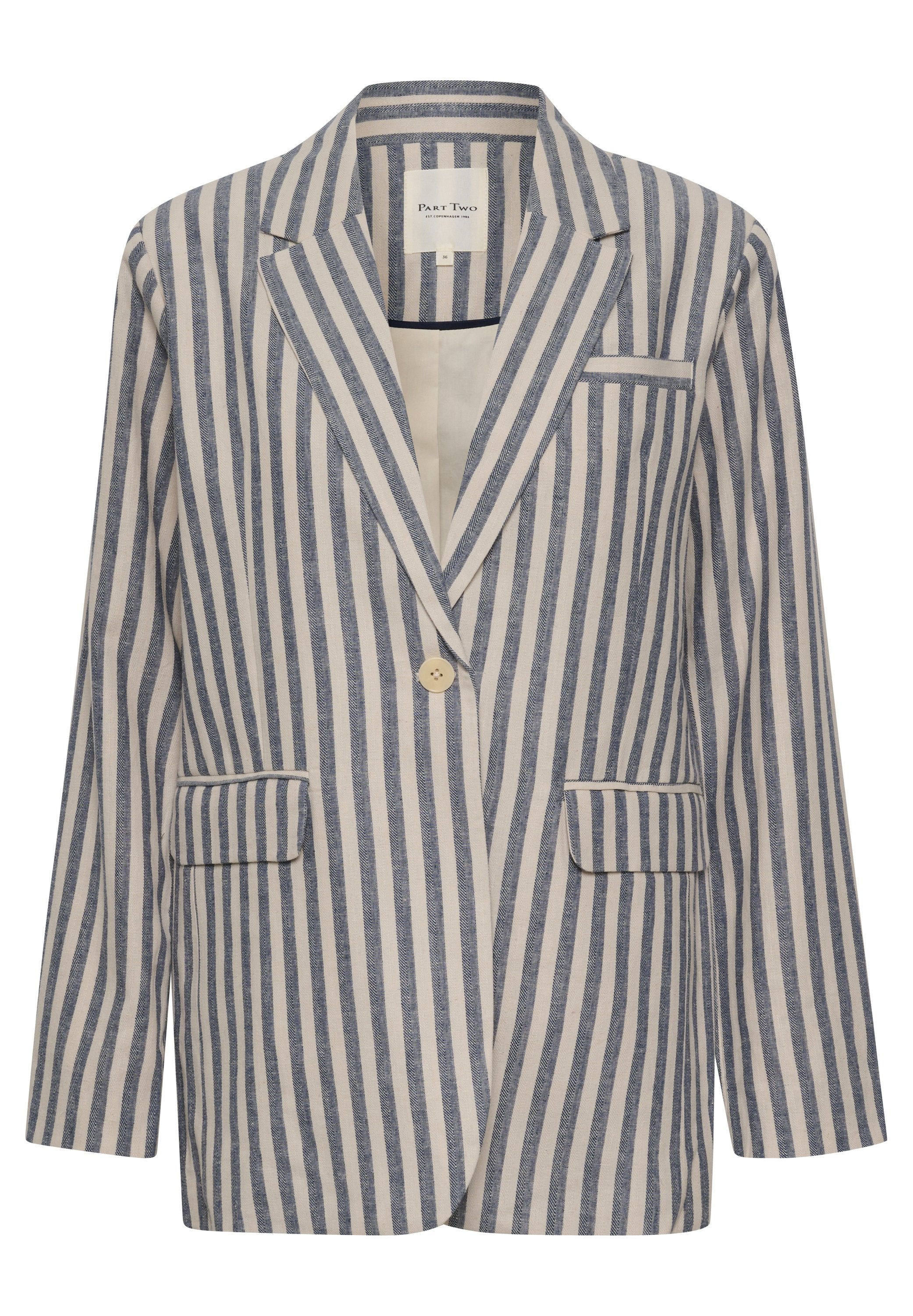 Gestreifter Blazer aus cremefarbener und marineblauer Stoff, mit einer Einzelknopfverschluss, Reverskragen und zwei vorderen Taschen.