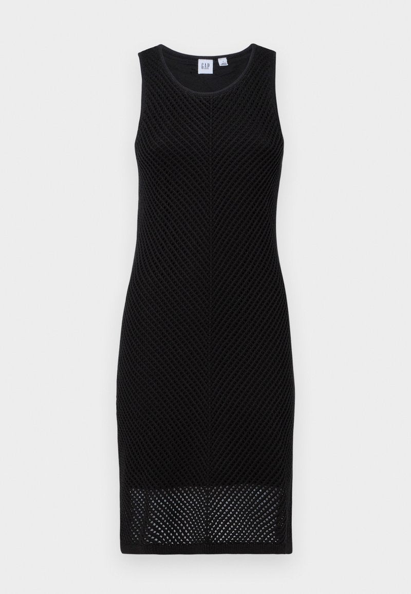 Schwarzes ärmelloses Kleid aus strukturiertem, diamant-musterigem Strickstoff. Figurbetonte Silhouette, knielang und runder Ausschnitt.