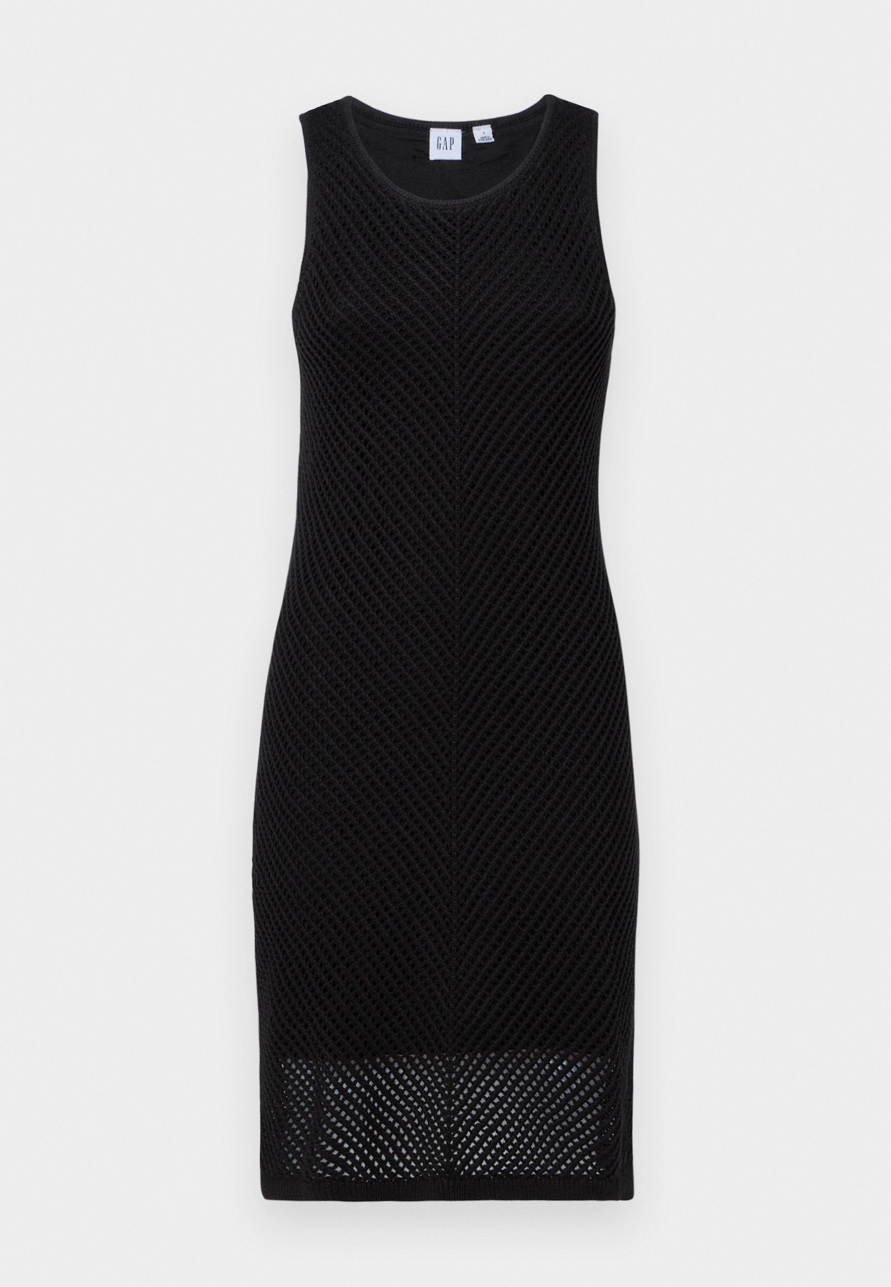 Schwarzes ärmelloses Kleid aus strukturiertem, diamant-musterigem Strickstoff. Figurbetonte Silhouette, knielang und runder Ausschnitt.