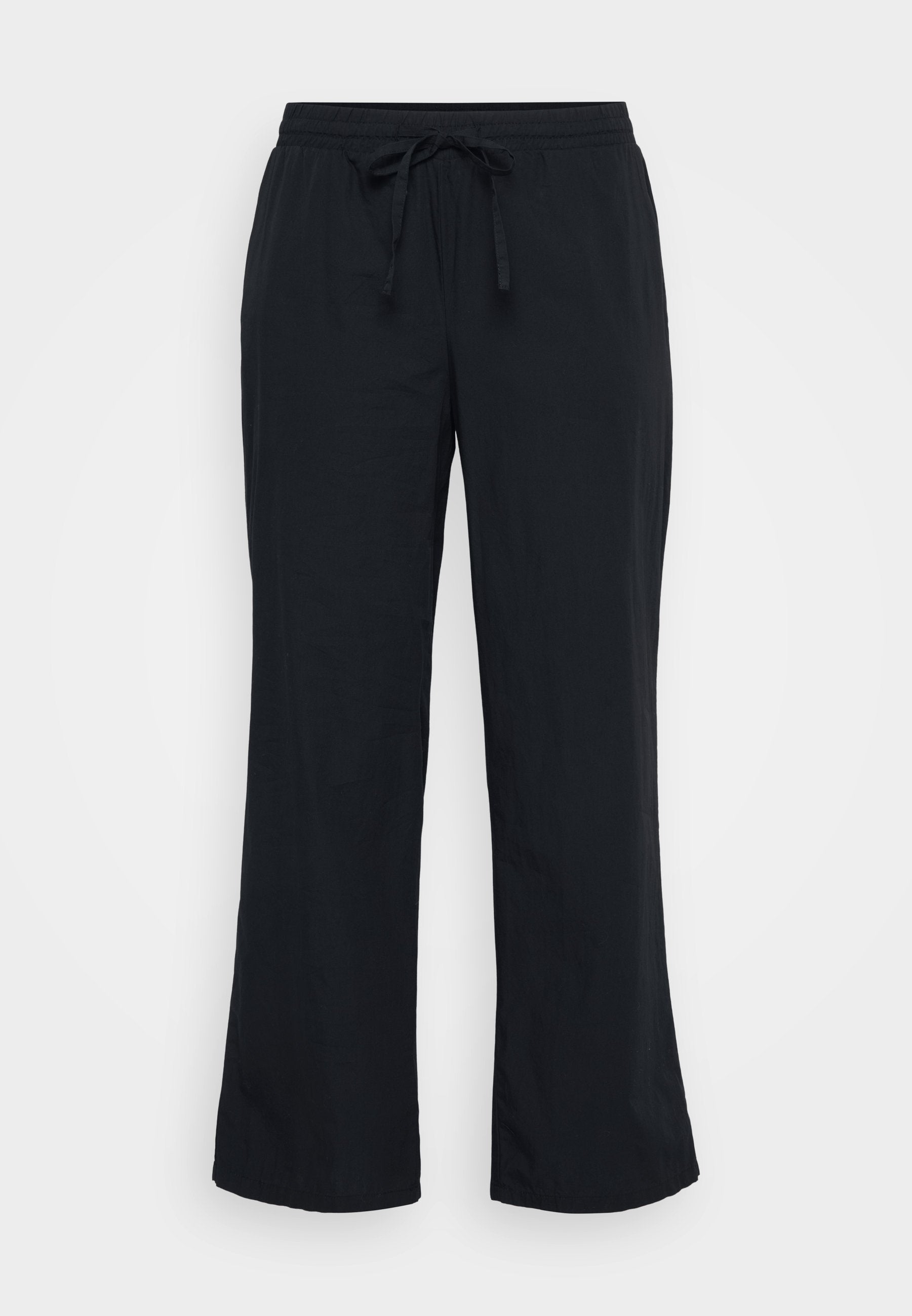 Schwarze, leichte Hosen mit lockerer Passform, elastischem Bund und einer Kordelzugdetails. Glatte Textur und weit geschnittenes Design.