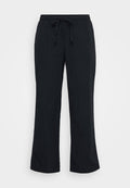 Schwarze, leichte Hosen mit lockerer Passform, elastischem Bund und einer Kordelzugdetails. Glatte Textur und weit geschnittenes Design.
