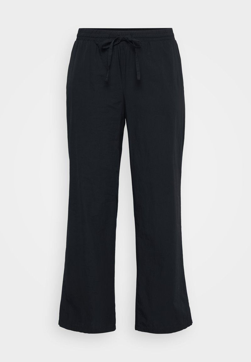 Schwarze, leichte Hosen mit lockerer Passform, elastischem Bund und einer Kordelzugdetails. Glatte Textur und weit geschnittenes Design.