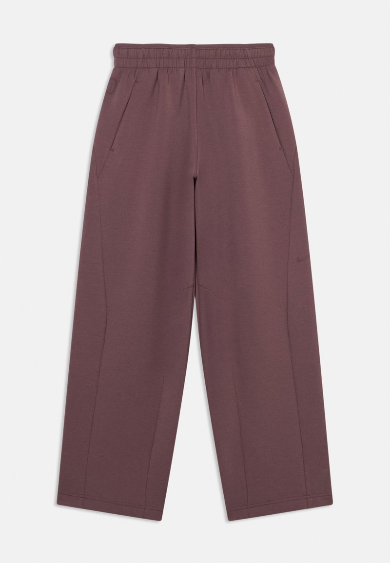 Braune Hosen mit weitem Bein, elastischem Bund und Seitentaschen, gefertigt aus weichem, glattem Stoff mit dezentem Nike-Logo am linken Bein.