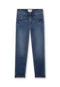 Dunkelblaue Jeans aus Denim mit schmalem Schnitt, Fünf-Taschen-Style und einem Standardknopfverschluss. Verfügt über leichte Ausbleichungen und Kontrastnähte.