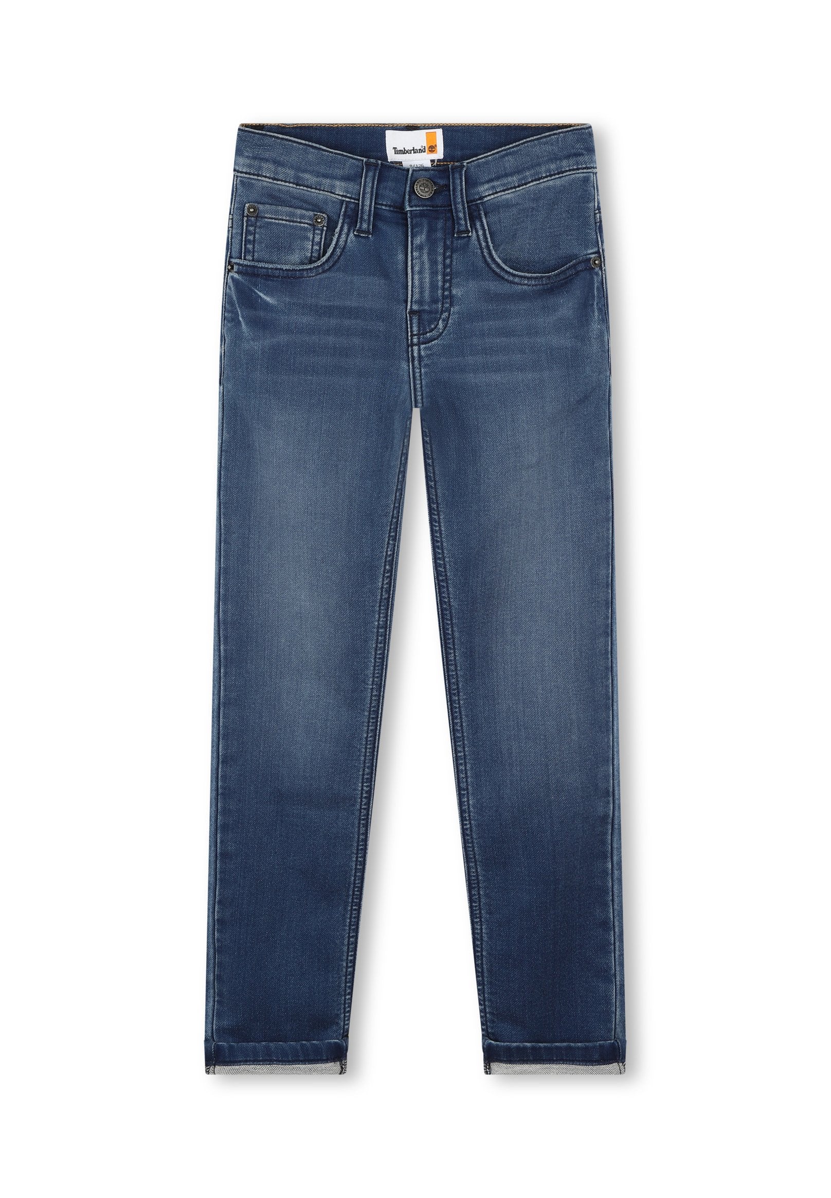 Dunkelblaue Jeans aus Denim mit schmalem Schnitt, Fünf-Taschen-Style und einem Standardknopfverschluss. Verfügt über leichte Ausbleichungen und Kontrastnähte.