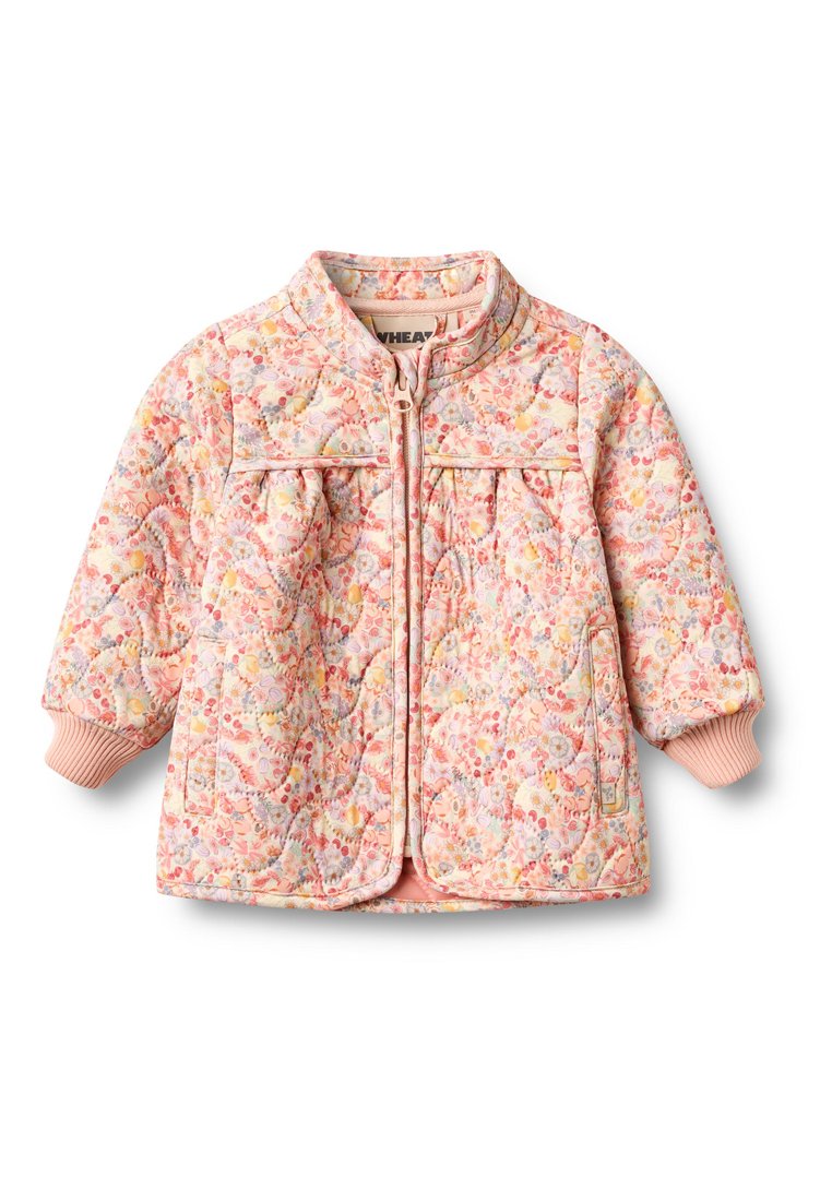Gesteppte pinke Jacke mit floralem Druck, elastischen Bündchen und einem Frontreißverschluss. Verfügt über einen abgerundeten Kragen und zwei Seitentaschen.