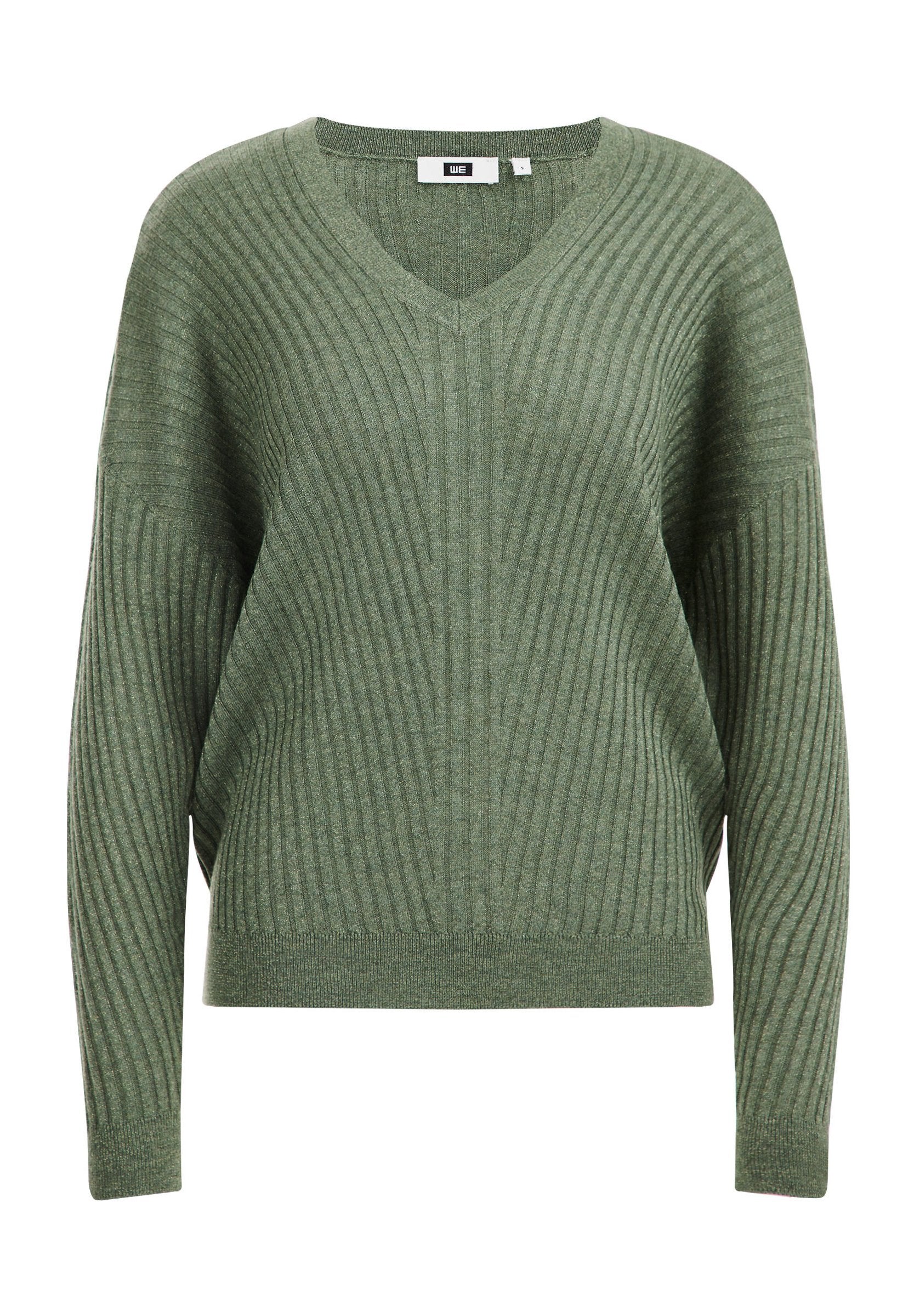 V-Ausschnitt, langärmliger Pullover aus strukturiertem grünem Strick mit vertikalen Rippungen, der einen lockeren Schnitt und einen gesäumten Saum für zusätzliche Struktur bietet.