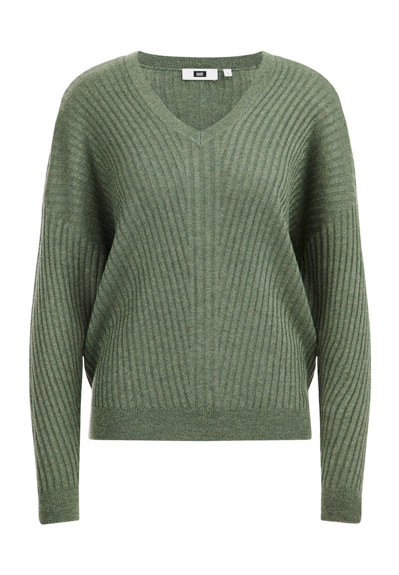 V-Ausschnitt, langärmliger Pullover aus strukturiertem grünem Strick mit vertikalen Rippungen, der einen lockeren Schnitt und einen gesäumten Saum für zusätzliche Struktur bietet.