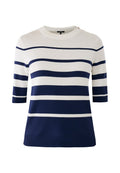 Gestreiftes kurzärmliges Sweater aus Baumwolle in Marineblau und Weiß, mit einem gerippten Ausschnitt und Saum sowie Knopfakzenten an der Schulter.