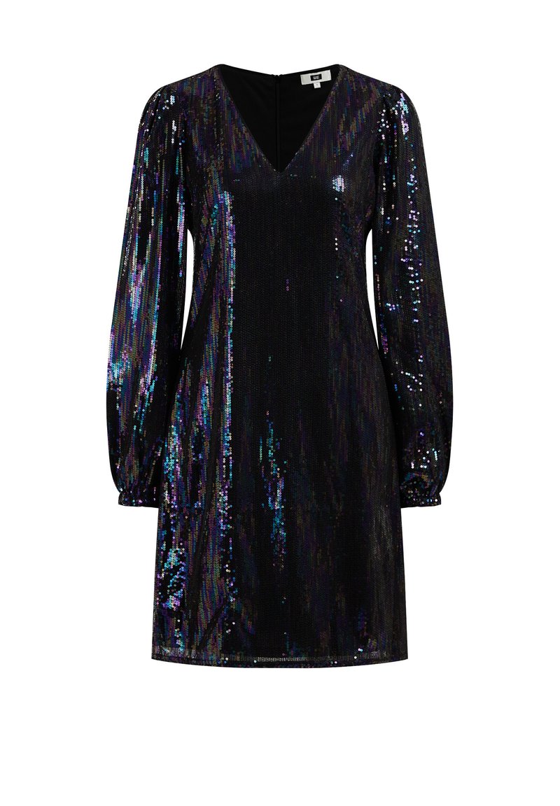 Schwarzes Pailletten-Kleid mit V-Ausschnitt, langen Puffärmeln und taillierter Silhouette. Reflektierende Pailletten erzeugen eine schimmernde Textur über das gesamte Kleid.