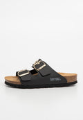 Schwarze Schlittensandalen mit zwei verstellbaren Schnallen, Korksohle, strukturierten Gummi-Außensohlen und "BAYTON"-Markierung in Grau an der Seite.