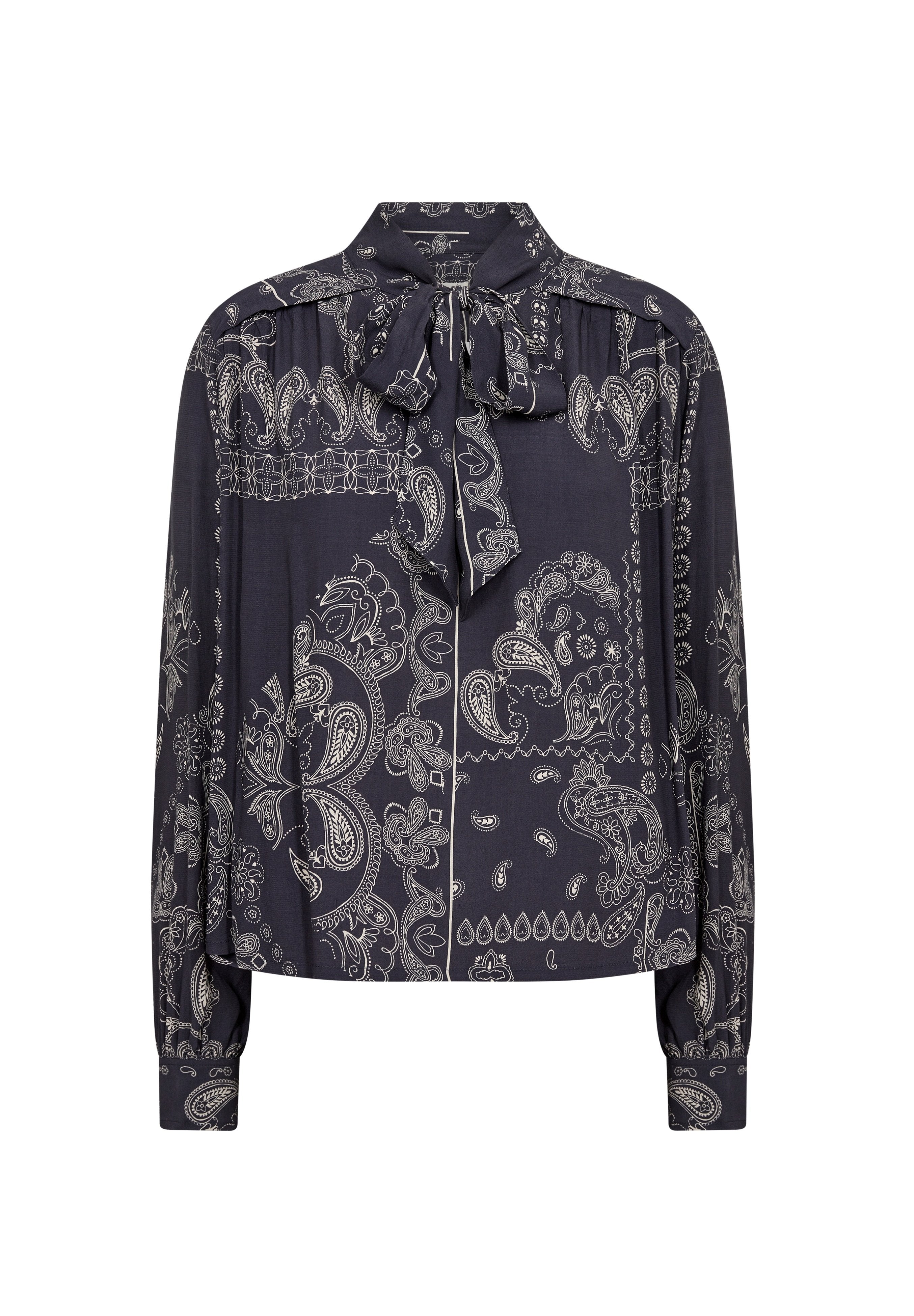 Marinebluse mit Paisleymuster, langen Ärmeln, einer Schleife am Kragen und kurzem Knopfverschluss. Weicher Stoff mit glatter Textur.