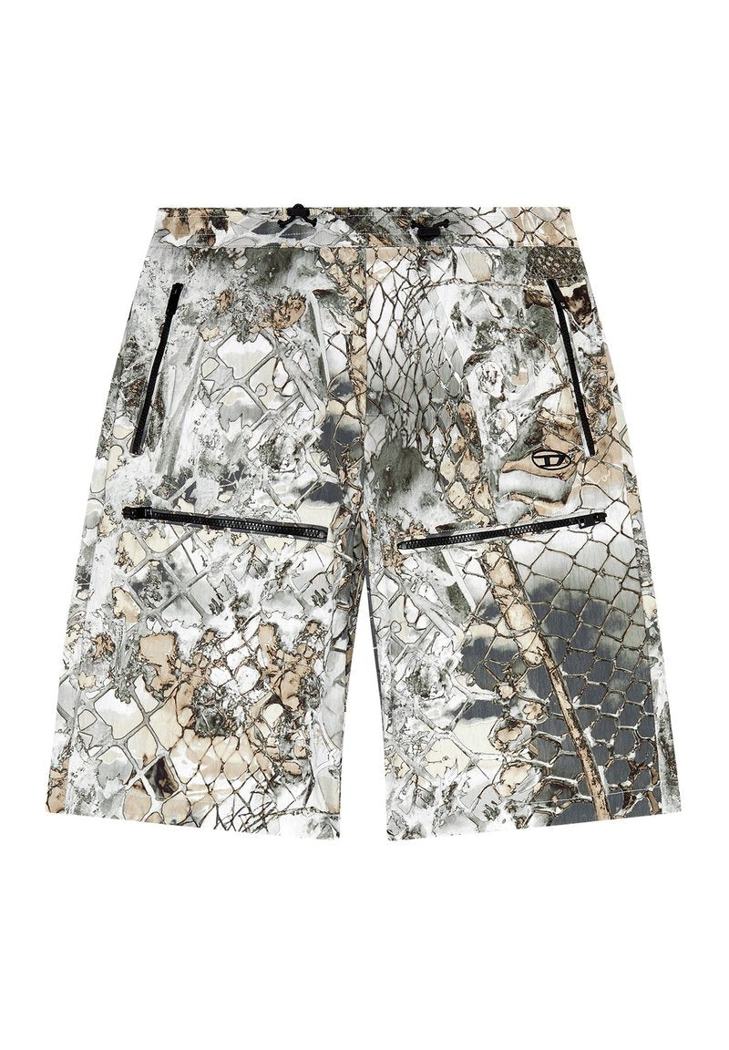 Tarnshorts in Grautönen, Beige und Weiß. Mit seitlichen Reißverschlusstaschen und einem ausgeprägten strukturierten Muster, das natürlichen Elementen ähnelt.