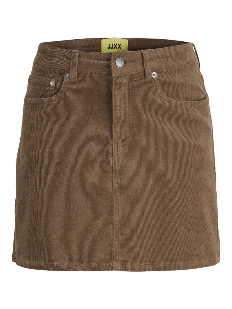 Brauner Cord-Minirock mit vorderer Knopfleiste und Reißverschluss, Gürtelschlaufen und vorderen Taschen, mit gelbem JJXX-Label im inneren Taillenbund.