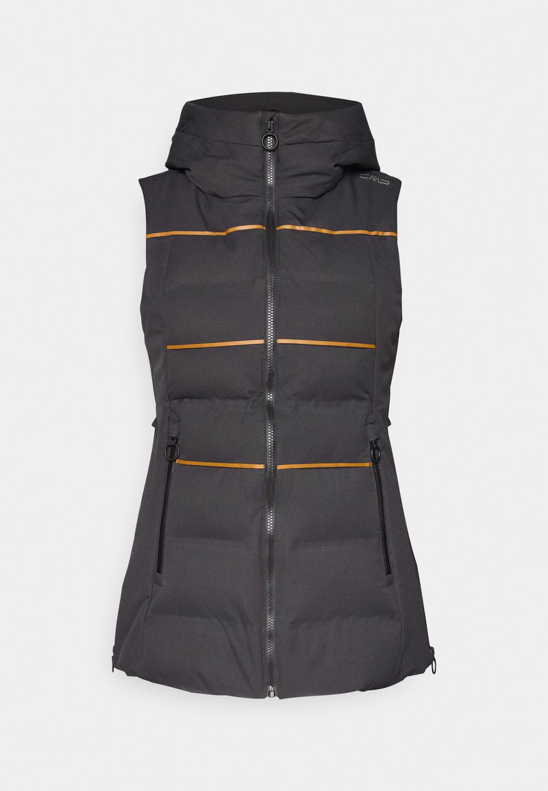 Schwarze, gepolsterte Weste mit Kapuze, die orangefarbene horizontale Streifen und Reißverschlusstaschen aufweist. Hergestellt aus einem glatten, leichten Stoff.