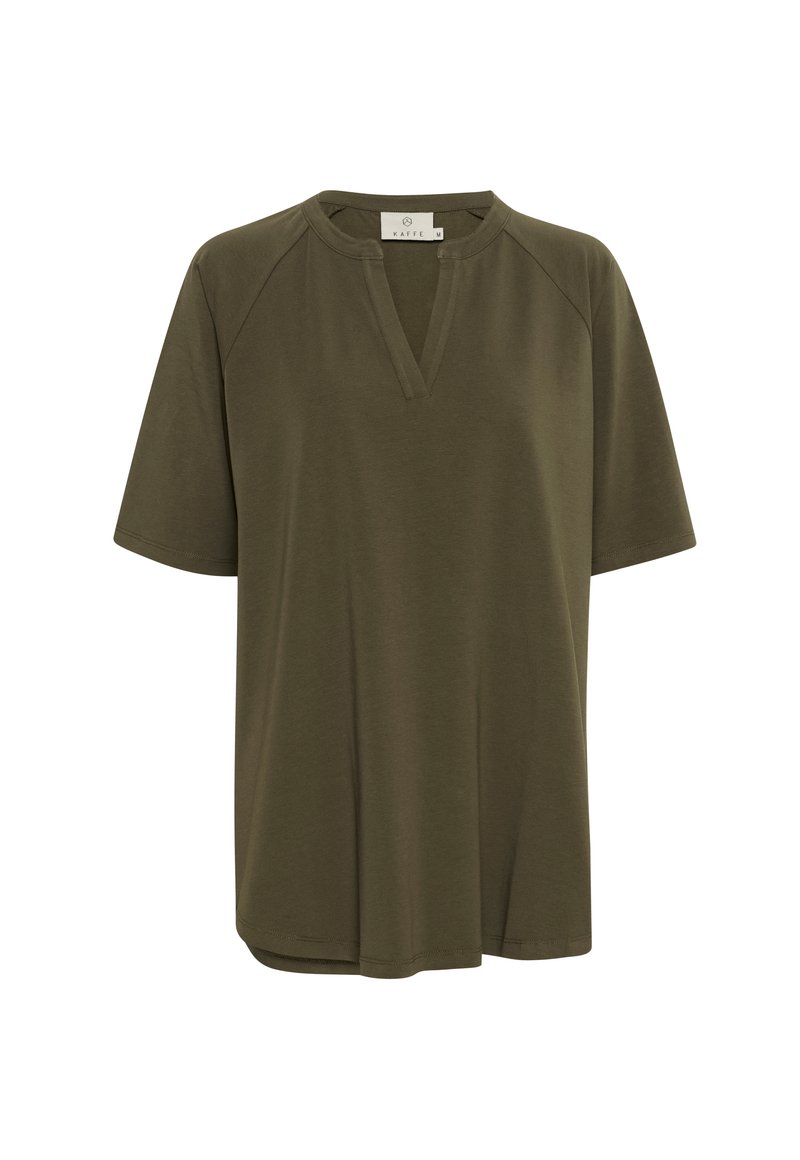Olivgrünes Kurzarm-V-Ausschnitt-T-Shirt mit lässiger Passform, mit Raglanärmeln und weichem, glattem Stoff.
