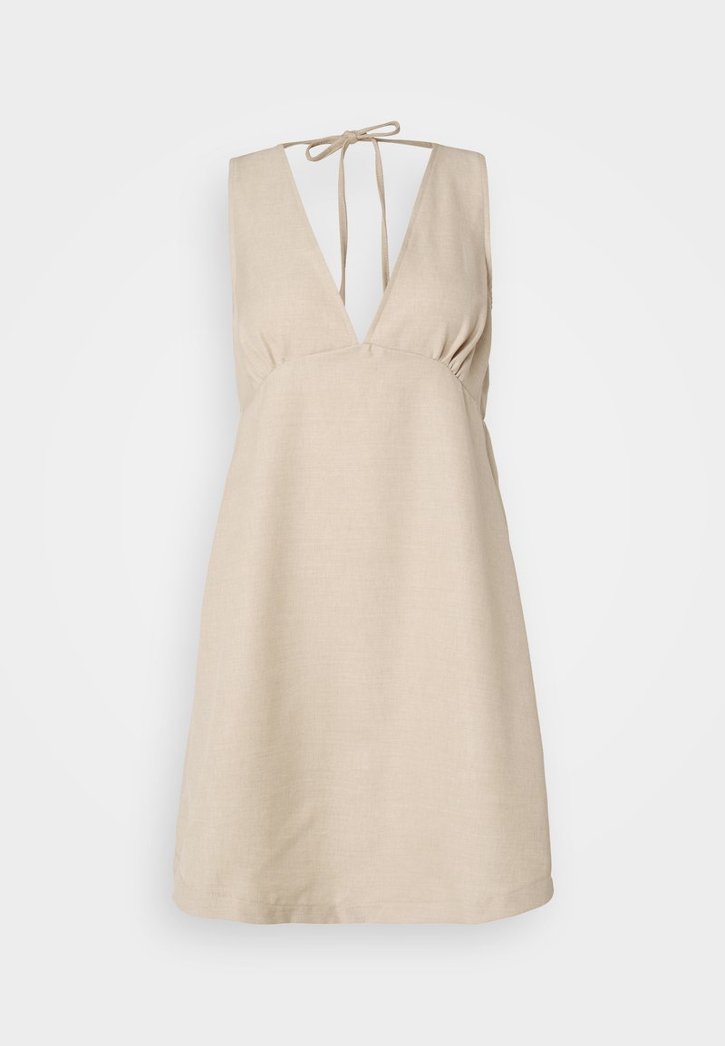 Beige Leinenkleid mit tiefem V-Ausschnitt und verstellbarem Bindeband im Rücken. A-Linie Schnitt, strukturiertem Stoff und ärmellosem Design.