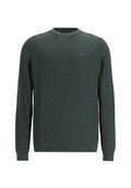 Grüner Strickpullover mit rundem Ausschnitt, langen Ärmeln, gerippten Abschlüssen und einem kleinen Logodetail auf der Brust. Strukturiertes Stoffdesign.